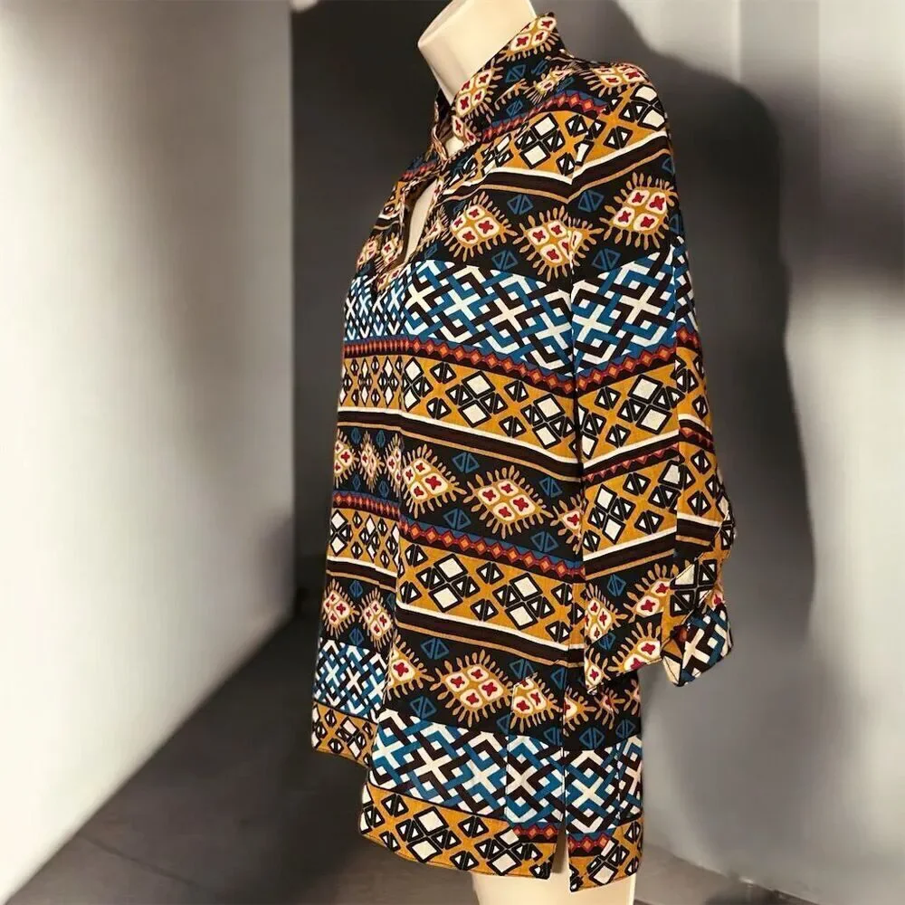 Tory Burch Geometric Wool Blend Multicolor V-Neck Pullover 3/4 Sleeve Blouse Top